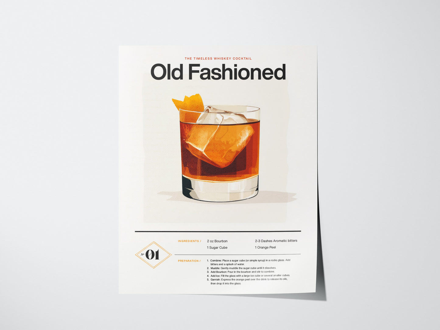 The image shows a poster titled Old Fashioned featuring a whiskey cocktail illustration with an orange peel and ice. Ingredients and preparation steps are listed below the image.