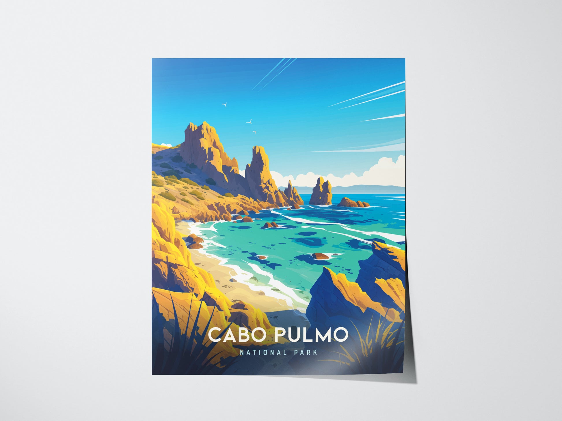A colorful poster of Cabo Pulmo National Park featuring rocky cliffs, turquoise waters, and a vibrant sky, highlighting the coastal beauty of Baja California. Text reads Cabo Pulmo National Park.