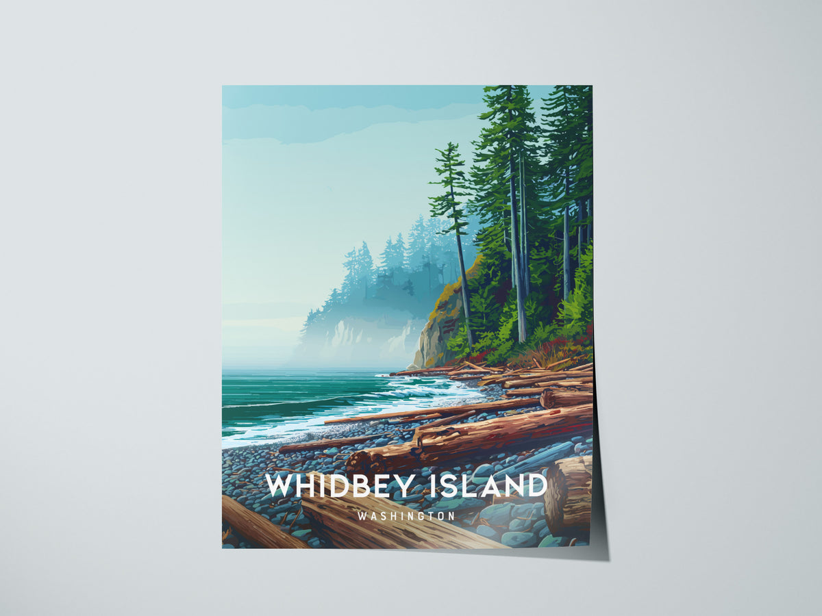 Whidbey Island, Washington Poster | Evergreen Shores & Sailboat Wall Art — giclée print detail on matte paper