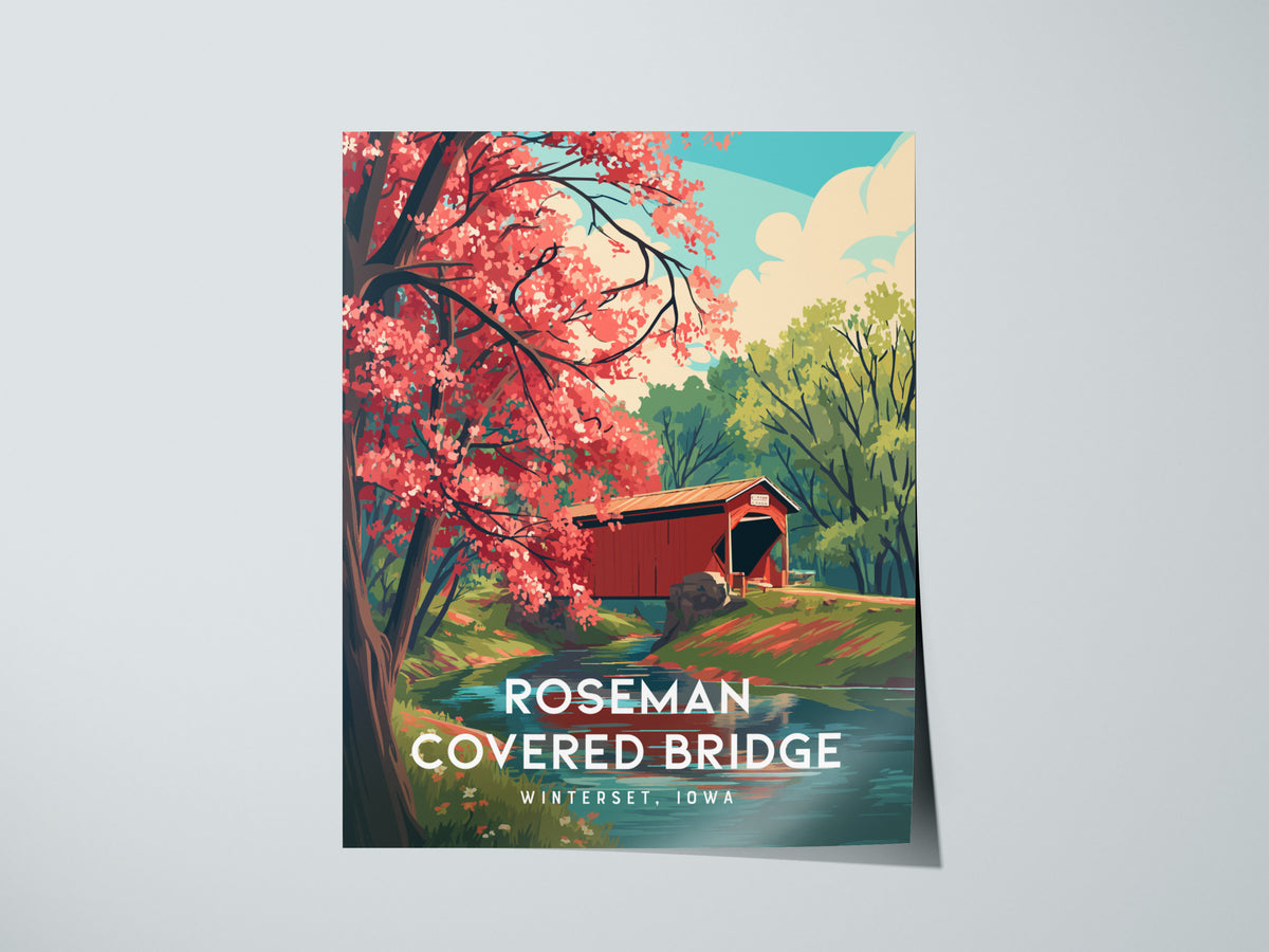 Roseman Covered Bridge, Winterset, Iowa Poster | Historic Charm Framed or Unframed Wall Art — giclée print detail on matte pa