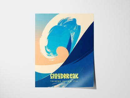 A vibrant poster features abstract wave designs in blue and orange tones with the text Cloudbreak Tavarua Island, Fiji at the bottom. The artwork exudes a dynamic surf vibe.