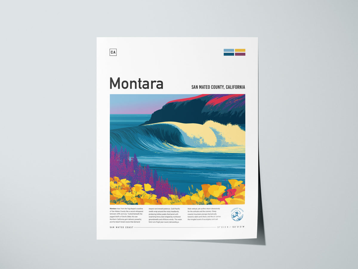 Montara, San Mateo County, California Poster | Misty Cliffs & Surf Break Coastal Poster — giclée print detail on matte paper