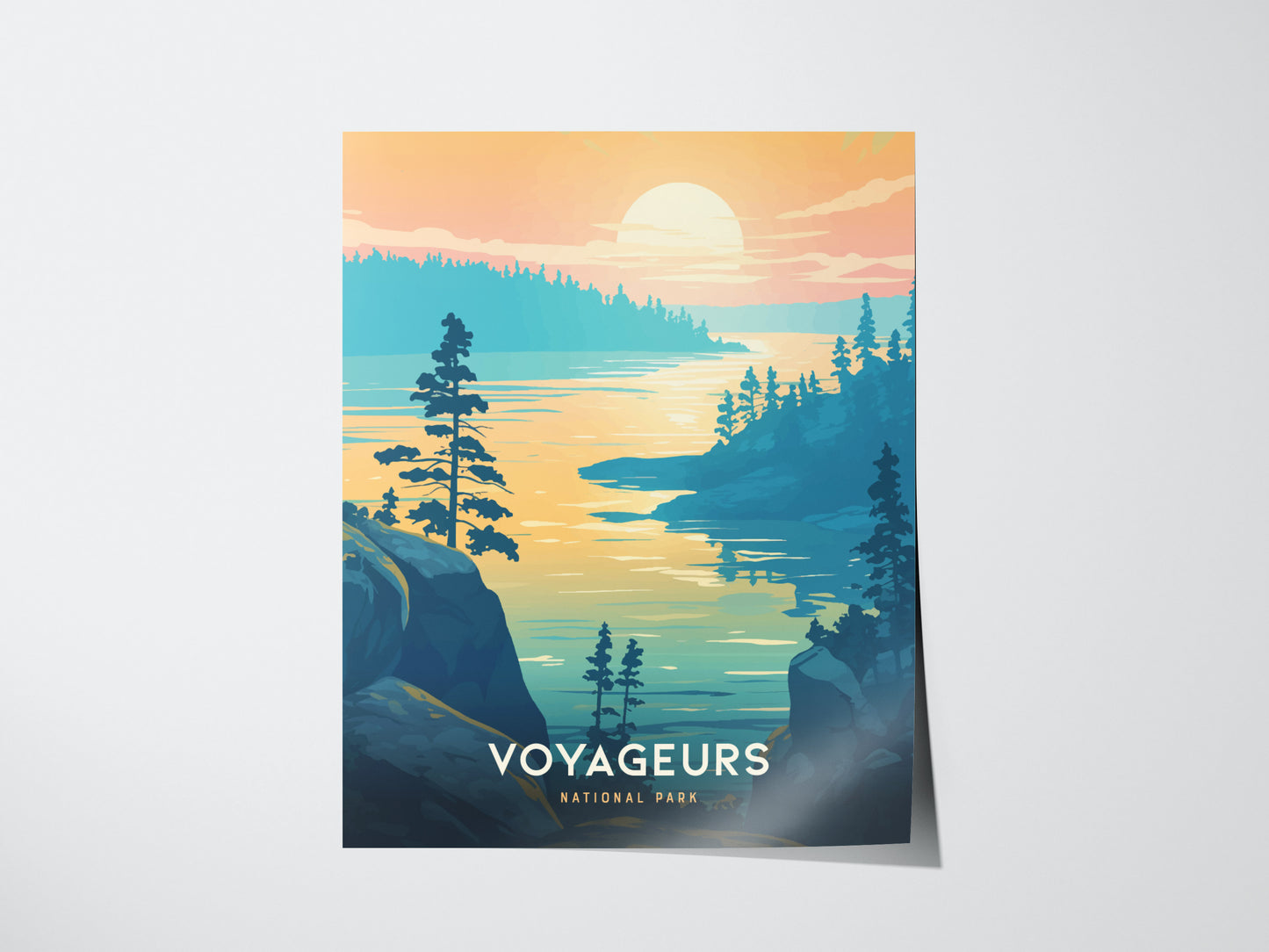 The poster features a serene lake scene at sunset with silhouetted pine trees and rocky shores, labeled Voyageurs National Park. The sky is painted in soft pink.