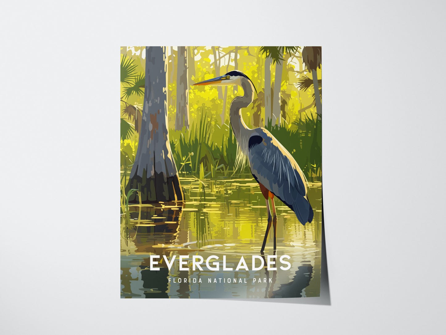 A poster features a Great Blue Heron standing in water surrounded by lush greenery and cypress trees, with Everglades Florida National Park written at the bottom.