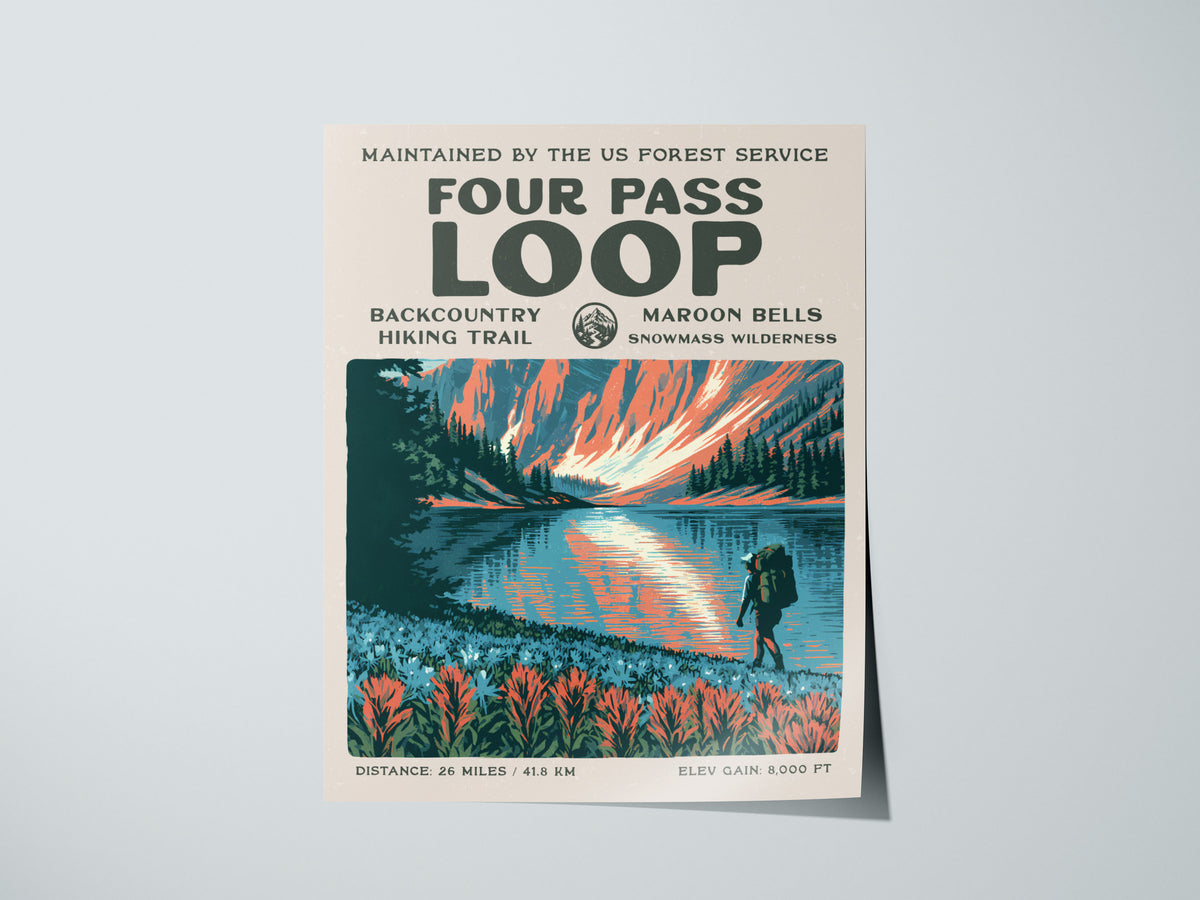 Four Pass Loop, Maroon Bells-Snowmass Wilderness Poster | Hiker Gift | Backcountry Trail Wall Art — giclée print detail on ma