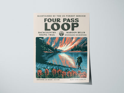 Four Pass Loop, Maroon Bells-Snowmass Wilderness Poster | Hiker Gift | Backcountry Trail Wall Art — giclée print detail on ma