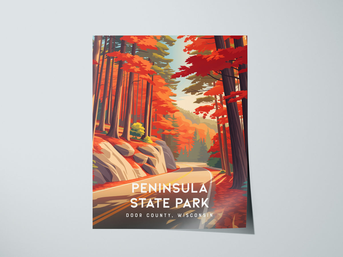 Peninsula State Park, Door County, Wisconsin Poster | Bluffs & Birch Forest Travel Wall Art — giclée print detail on matte pa
