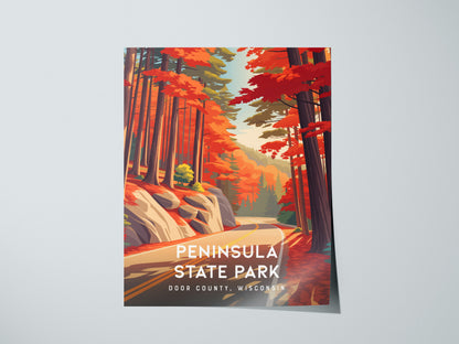 Peninsula State Park, Door County, Wisconsin Poster | Bluffs & Birch Forest Travel Wall Art — giclée print detail on matte pa