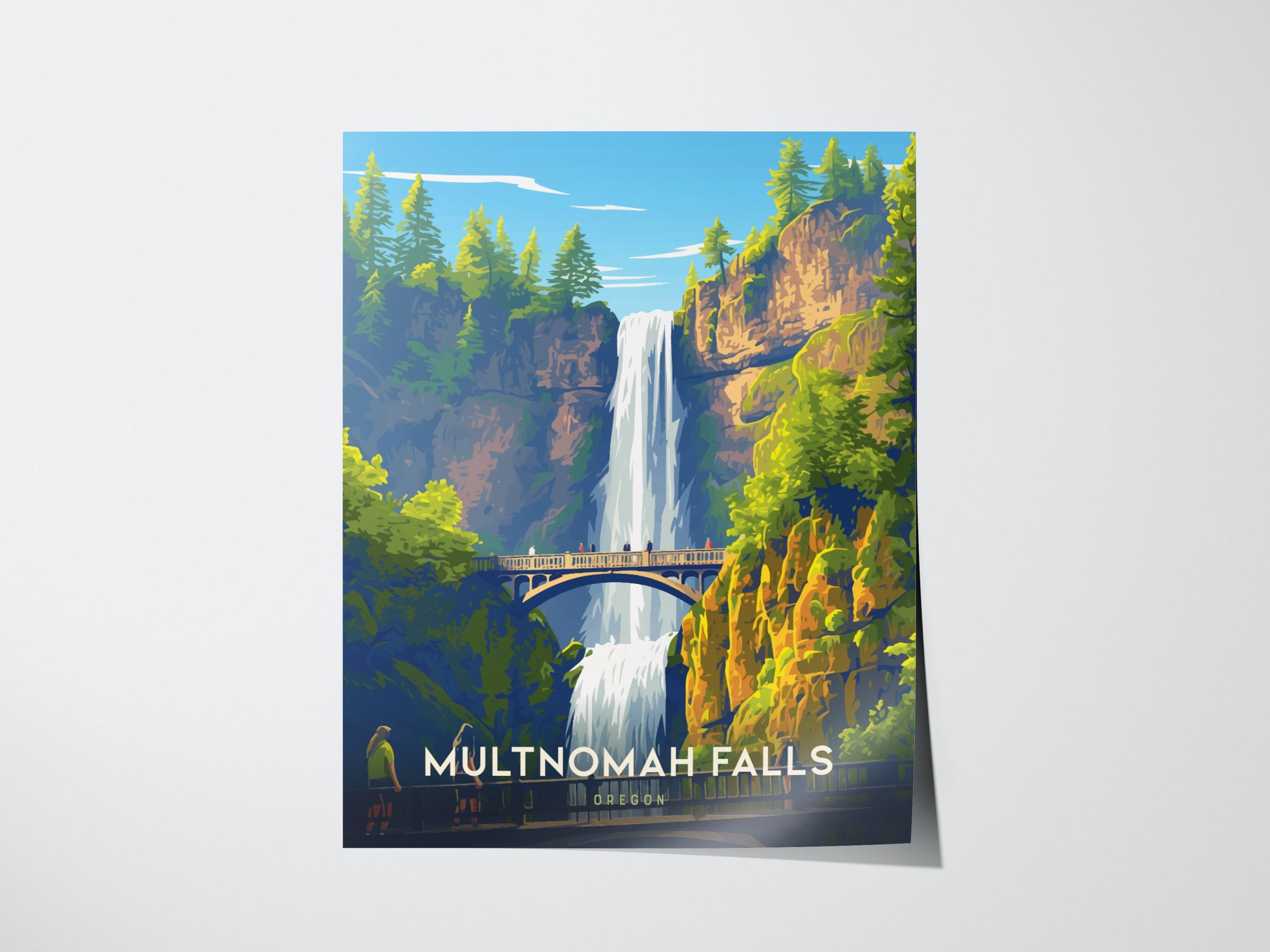 A vibrant poster of Multnomah Falls features a two-tiered waterfall cascading down forested cliffs with the iconic Benson Bridge in the foreground, set against a clear blue sky.