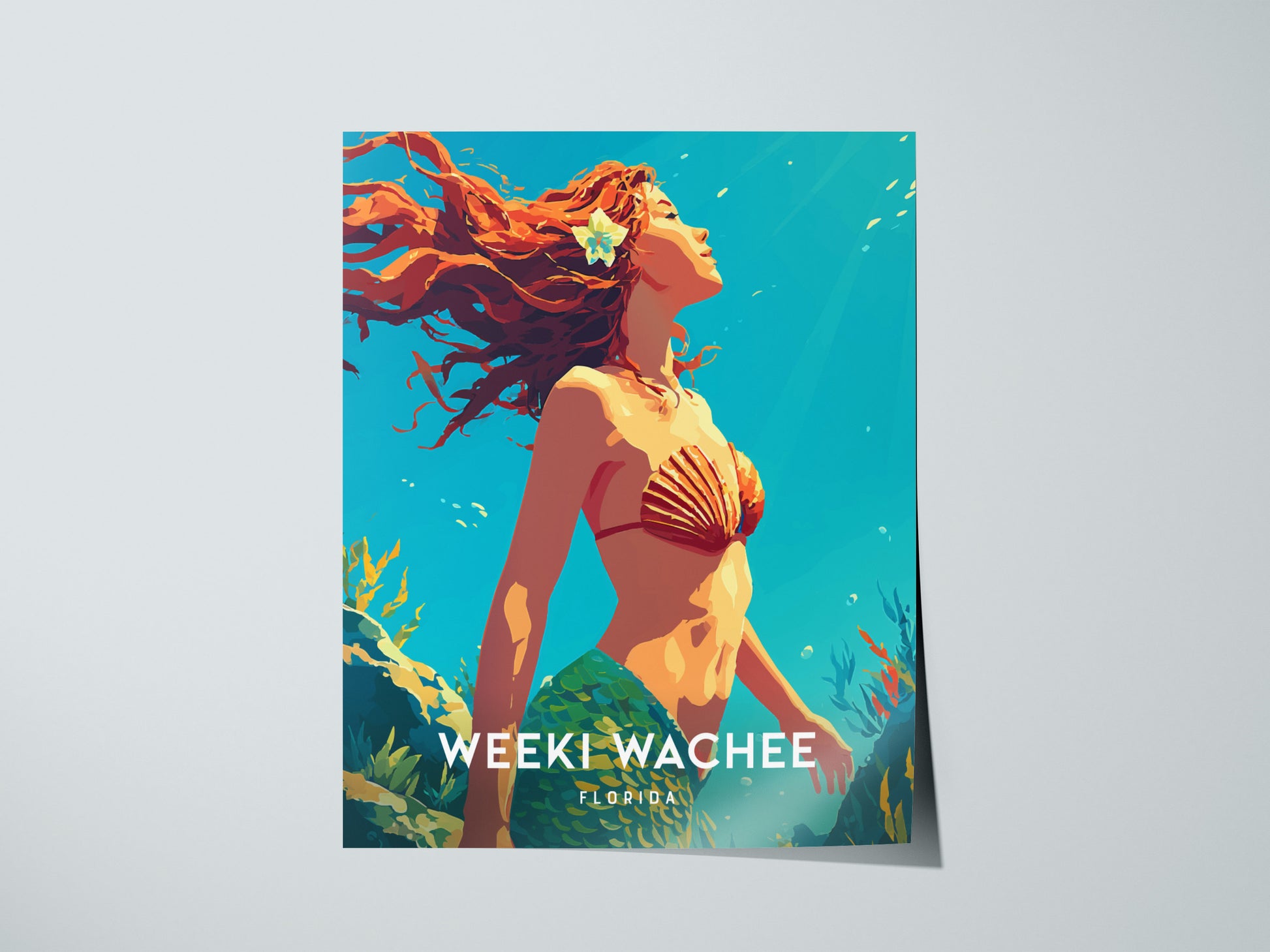 A vibrant poster depicting a mermaid with flowing red hair, wearing a shell top, surrounded by colorful underwater plants and bubbles.
