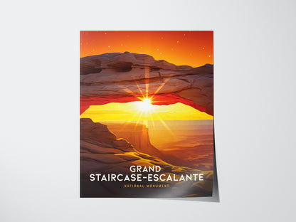 Illustrated poster of Grand Staircase–Escalante National Monument featuring a vibrant sunset through a natural rock arch, with stars in the twilight sky. Text reads Grand Staircase–Escalante National Monument.