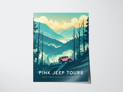 A vibrant poster featuring a pink jeep navigating a rugged mountain trail through the misty landscape of Great Smoky Mountains National Park. The scene is surrounded by tall trees and rolling hills under a cloudy sky.