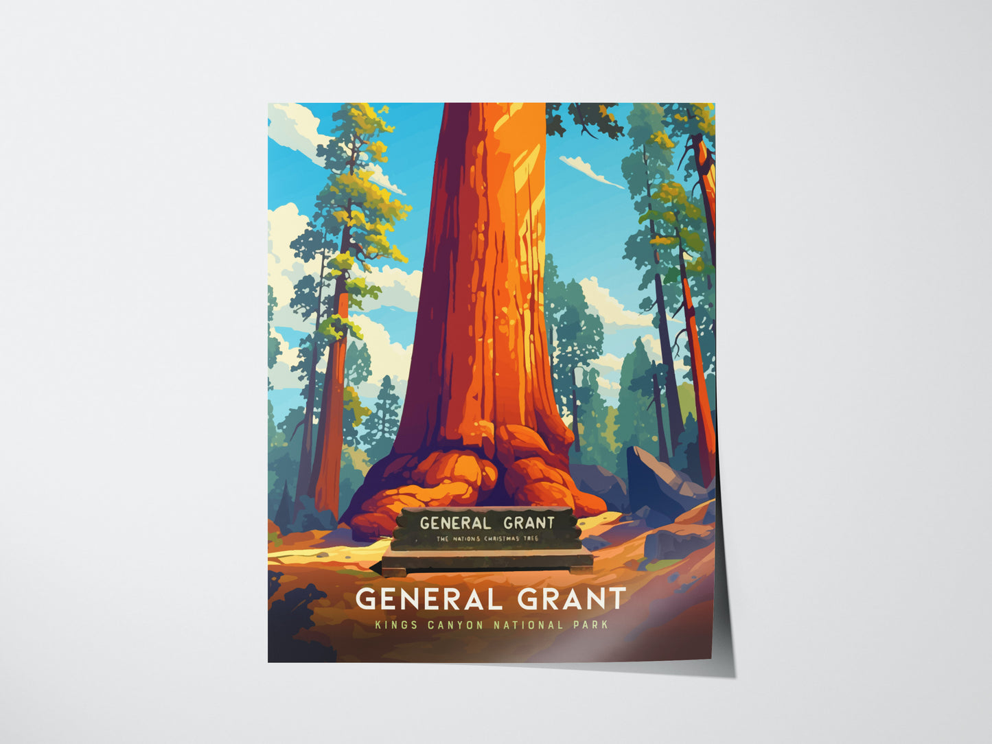 Illustration of a towering sequoia tree in vibrant colors with a clear blue sky, featuring text General Grant, Kings Canyon National Park at the bottom.