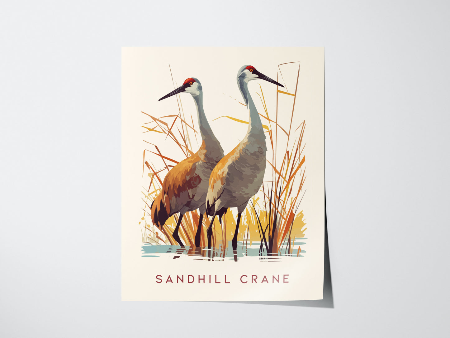 Illustration of two sandhill cranes standing in a wetland with tall grasses, featuring shades of brown, gray, and orange. The text Sandhill Crane is written at the bottom.
