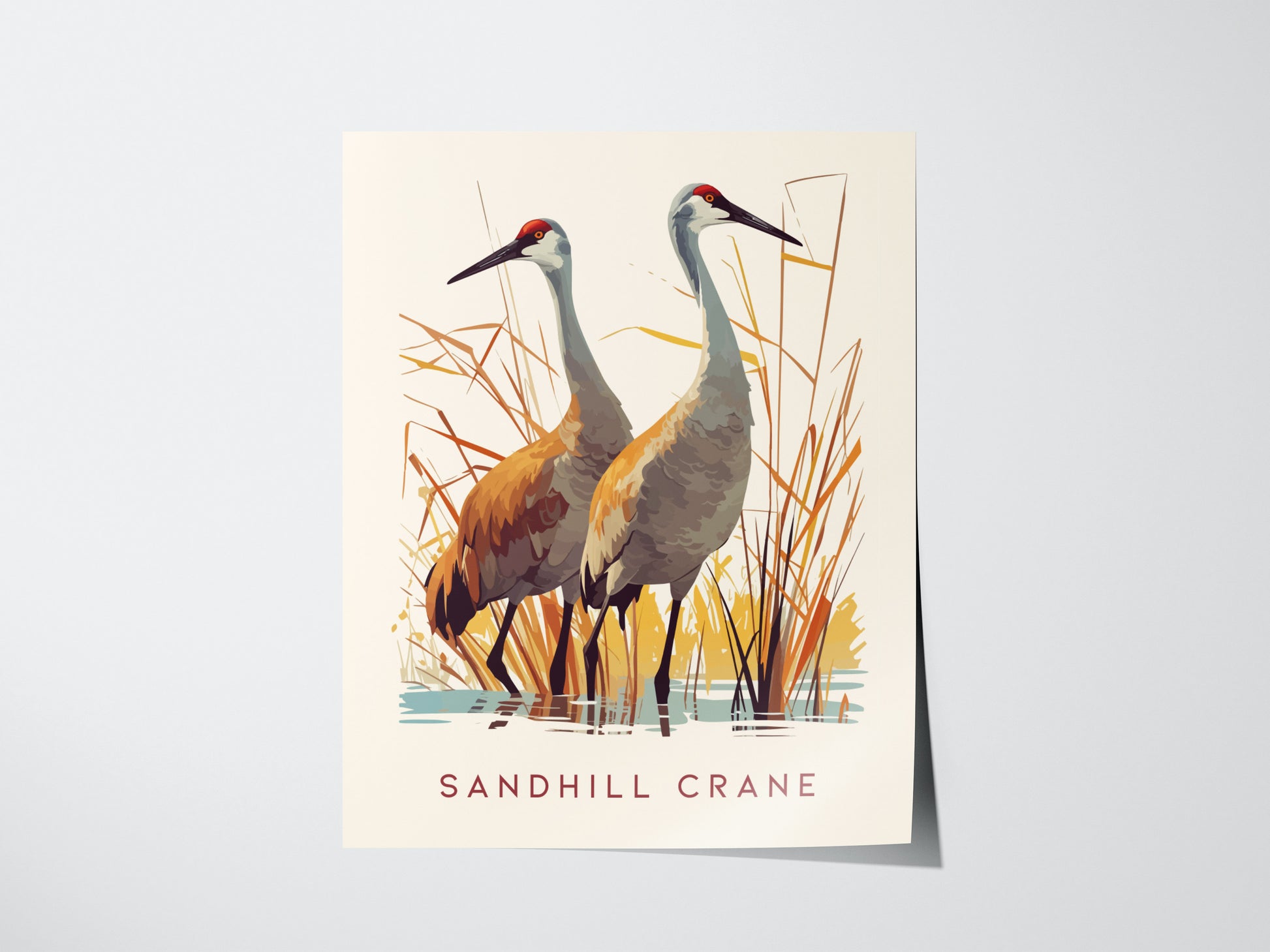 Illustration of two sandhill cranes standing in a wetland with tall grasses, featuring shades of brown, gray, and orange. The text Sandhill Crane is written at the bottom.