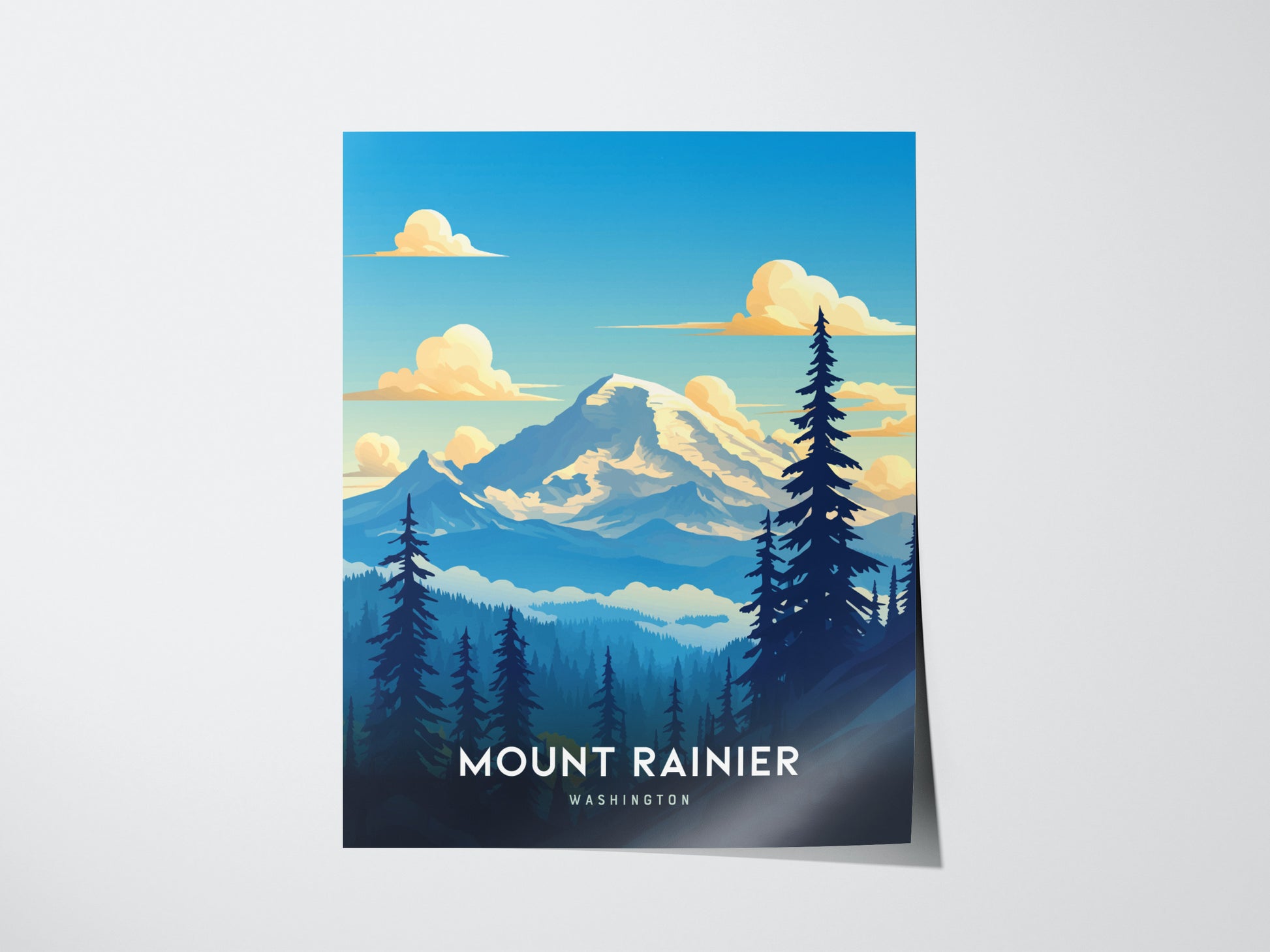 Illustrated poster of Mount Rainier with a snow-capped peak, surrounded by evergreen trees and fluffy clouds against a blue sky. The text reads Mount Rainier, Washington.