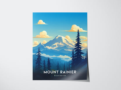 Illustrated poster of Mount Rainier with a snow-capped peak, surrounded by evergreen trees and fluffy clouds against a blue sky. The text reads Mount Rainier, Washington.