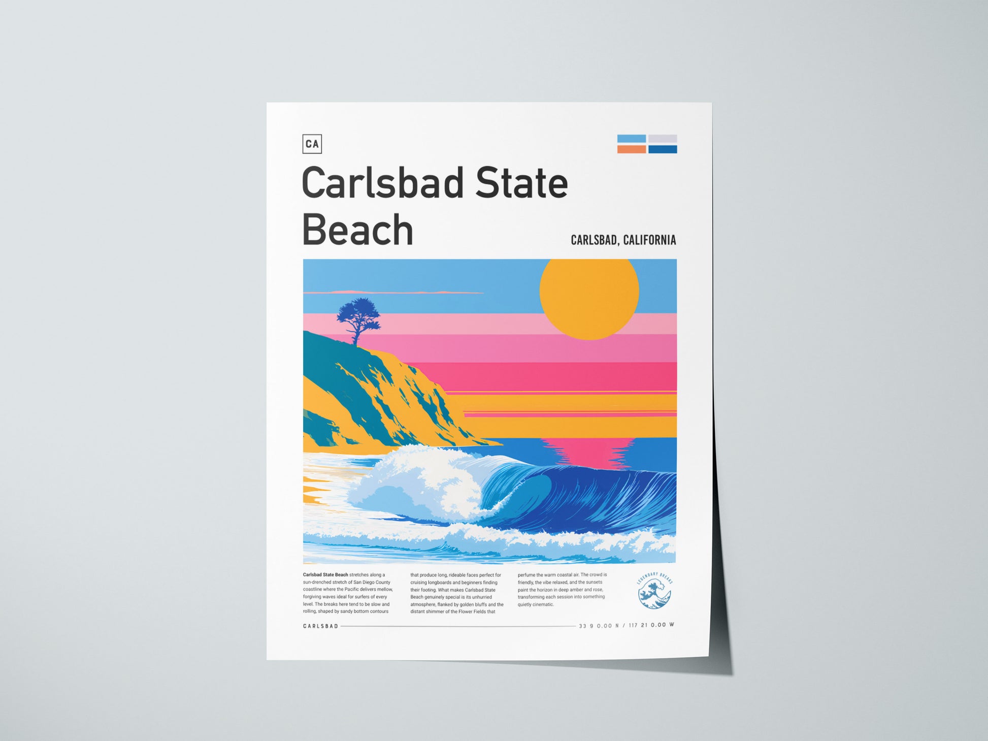 Carlsbad State Beach, California Poster | Golden Cliffs & Surf Coastline Wall Art — giclée print detail on matte paper