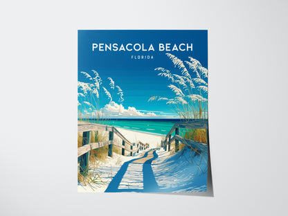 Illustrated poster of Pensacola Beach, Florida, featuring a wooden pathway leading to the ocean, surrounded by sea oats.