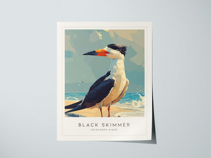 A vibrant illustration of a black skimmer standing on a sandy beach, with its striking black and white plumage and long orange bill. The background features a soft blue sky and hints of coastal water, emphasizing its natural habitat.