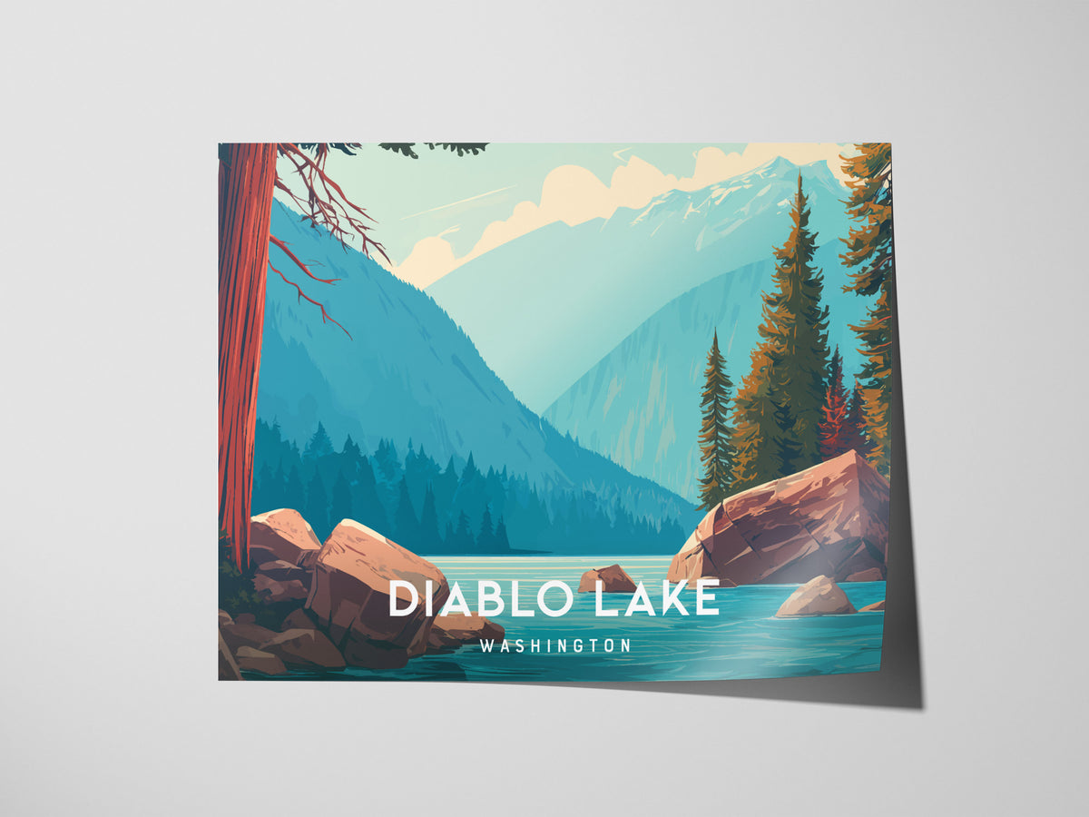 Diablo Lake Landscape, Washington Poster | Mountain Lake Vacation Wall Art — giclée print detail on matte paper