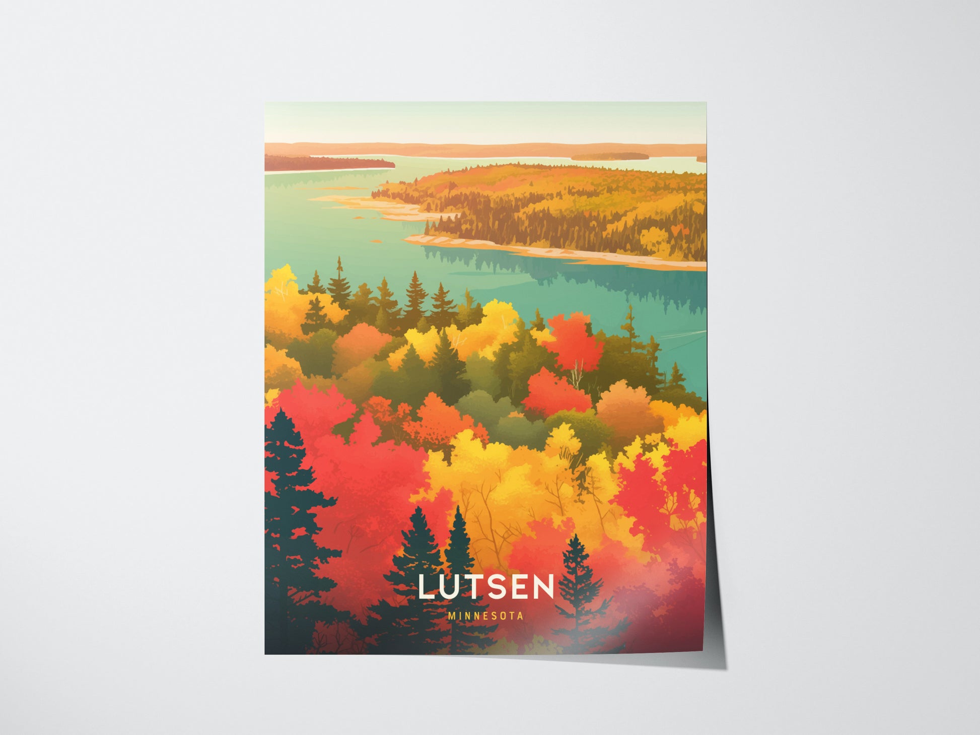 Colorful illustration of Lutsen, Minnesota, showcasing vibrant autumn foliage with red, yellow, and green trees, against a backdrop of a serene blue lake and distant hills.