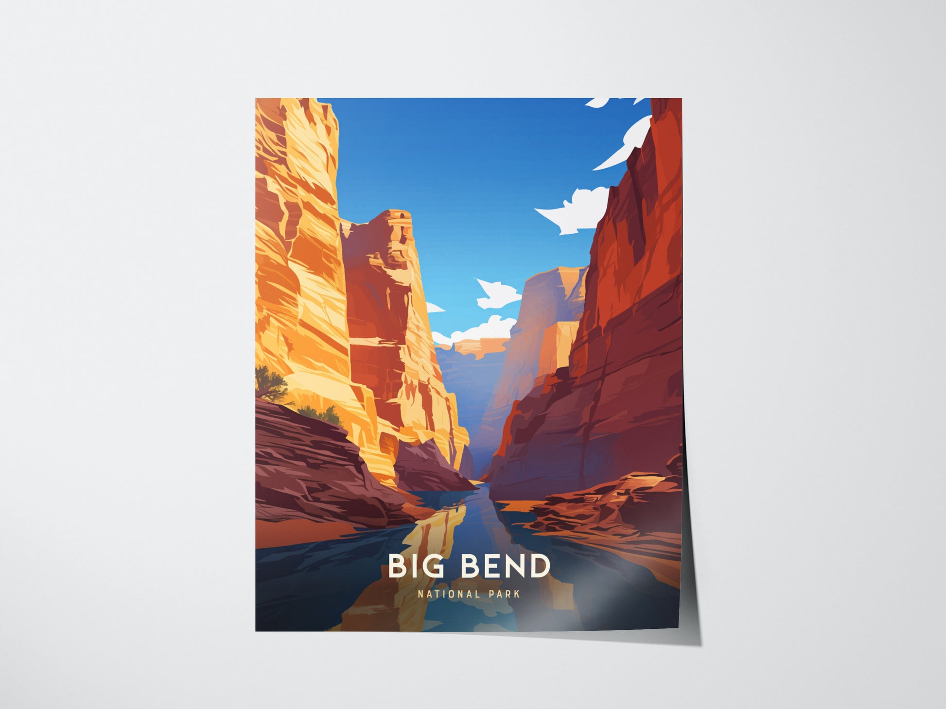 A vibrant poster of Big Bend National Park features towering orange canyons and a reflective river under a bright blue sky, capturing the parks dramatic landscape.