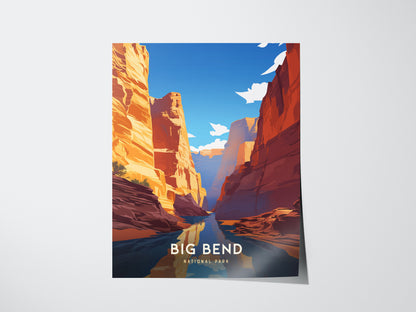 A vibrant poster of Big Bend National Park features towering orange canyons and a reflective river under a bright blue sky, capturing the parks dramatic landscape.
