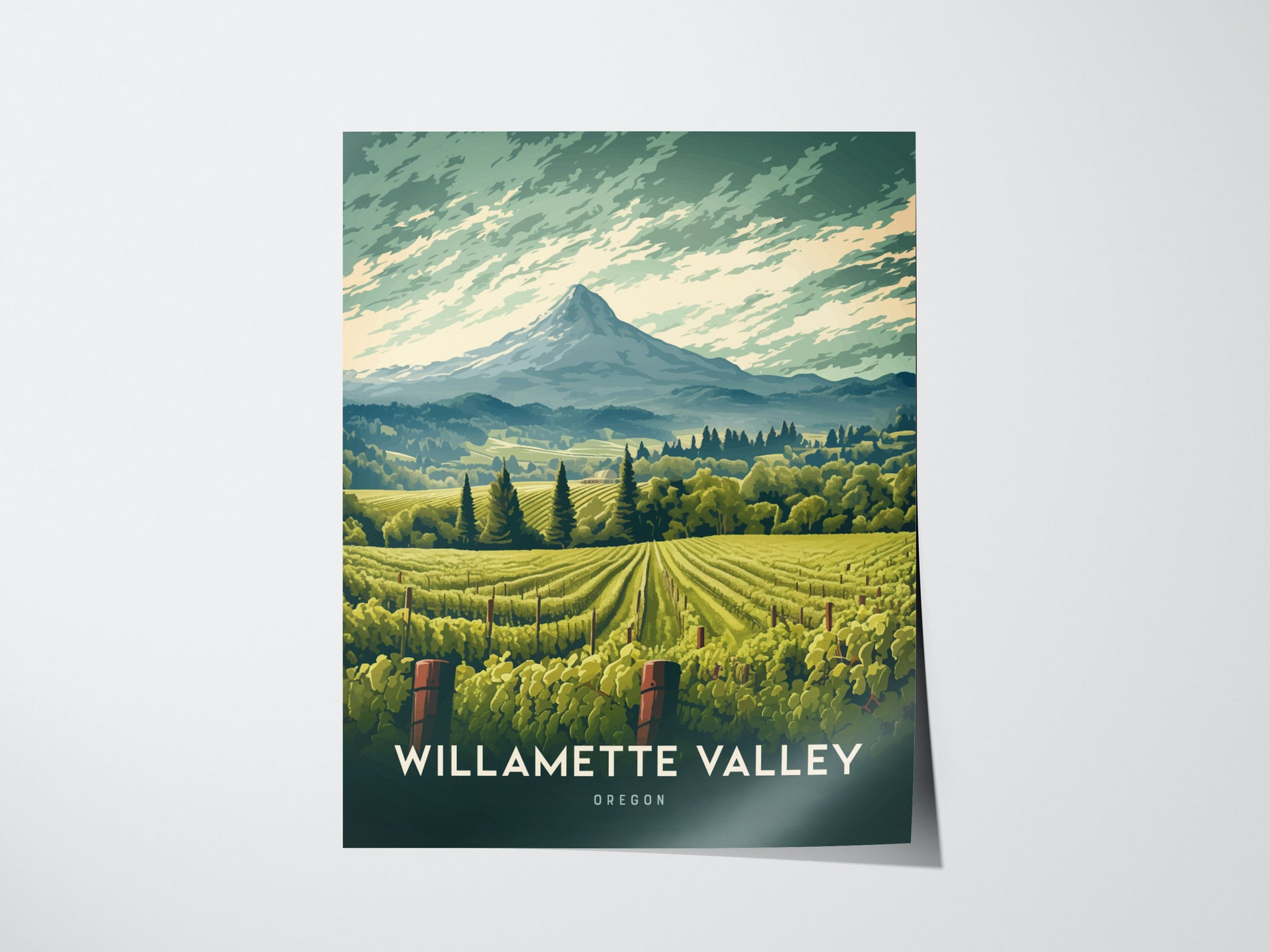 Illustrated poster of Willamette Valley, Oregon, showcasing lush vineyards under a dramatic sky with a prominent mountain in the background. The text at the bottom reads WILLAMETTE VALLEY OREGON.