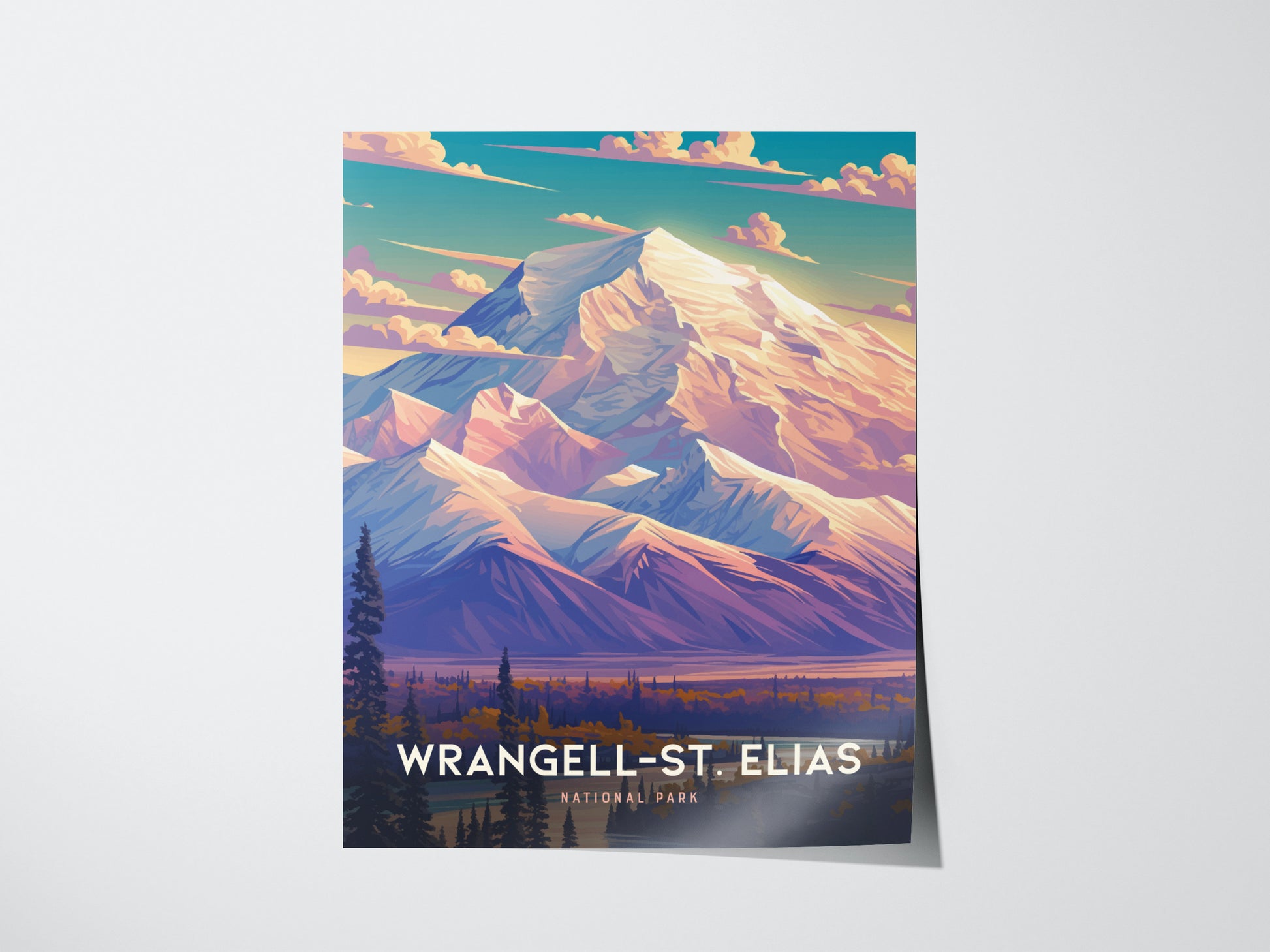 Colorful illustration of snow-capped mountains under a vibrant sky, labeled Wrangell-St. Elias National Park at the bottom. The scene features trees and a vast wilderness landscape.