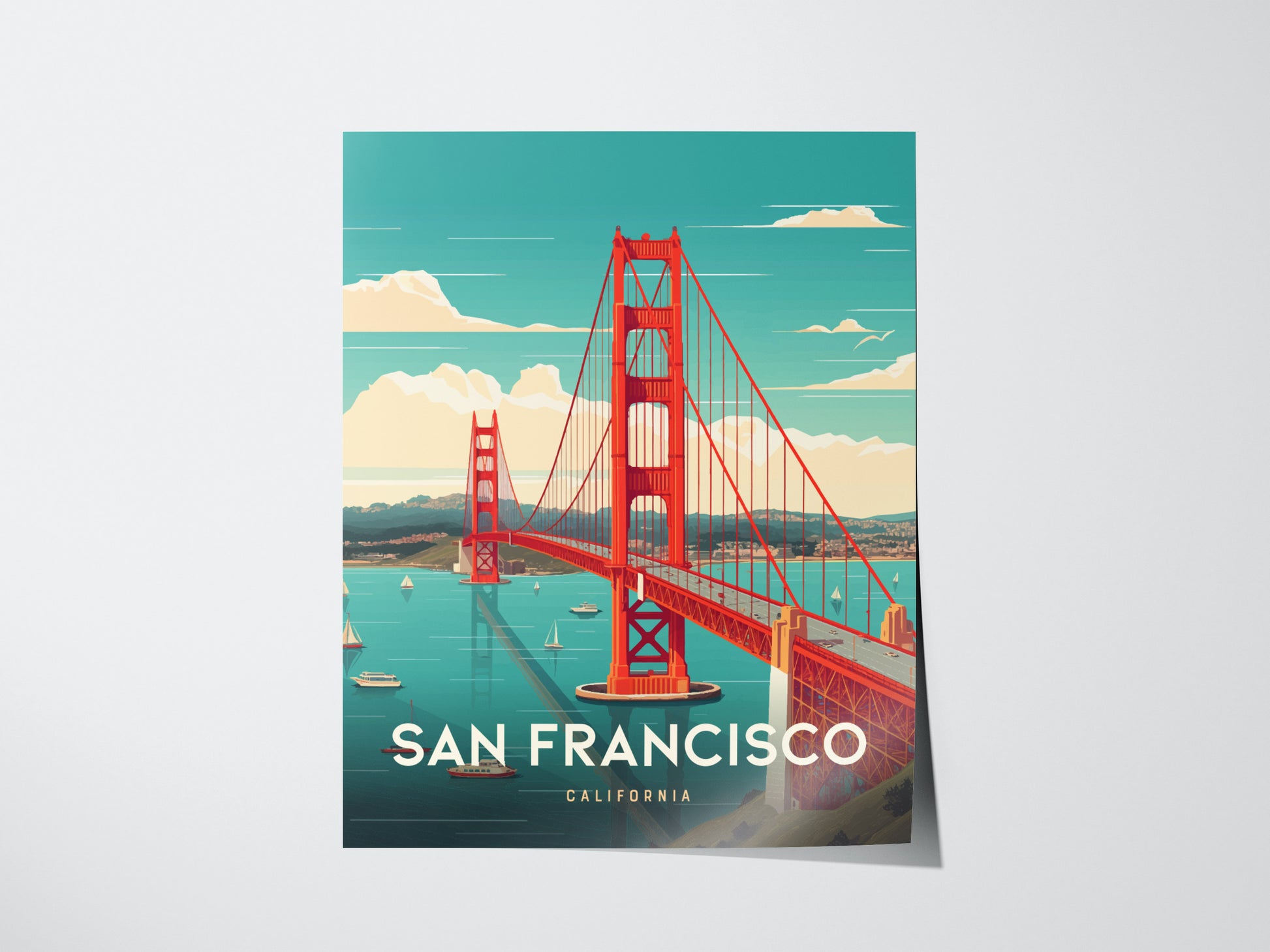 A vibrant poster depicting the Golden Gate Bridge in vivid red, spanning a serene blue bay with sailboats, under a clear sky. The text reads San Francisco, California.