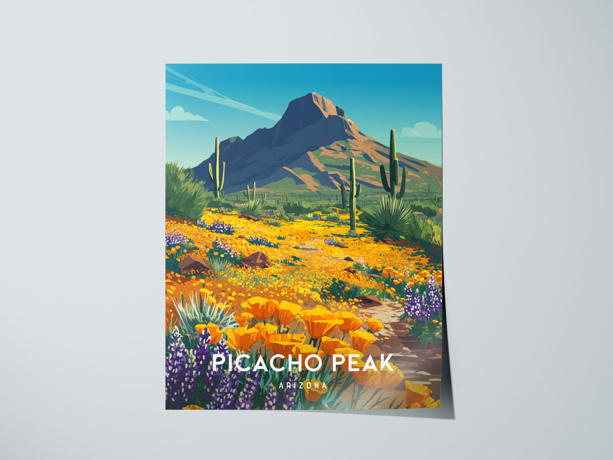 Picacho Peak, Arizona Poster | Desert Wildflower Destination Print Wall Art — giclée print detail on matte paper