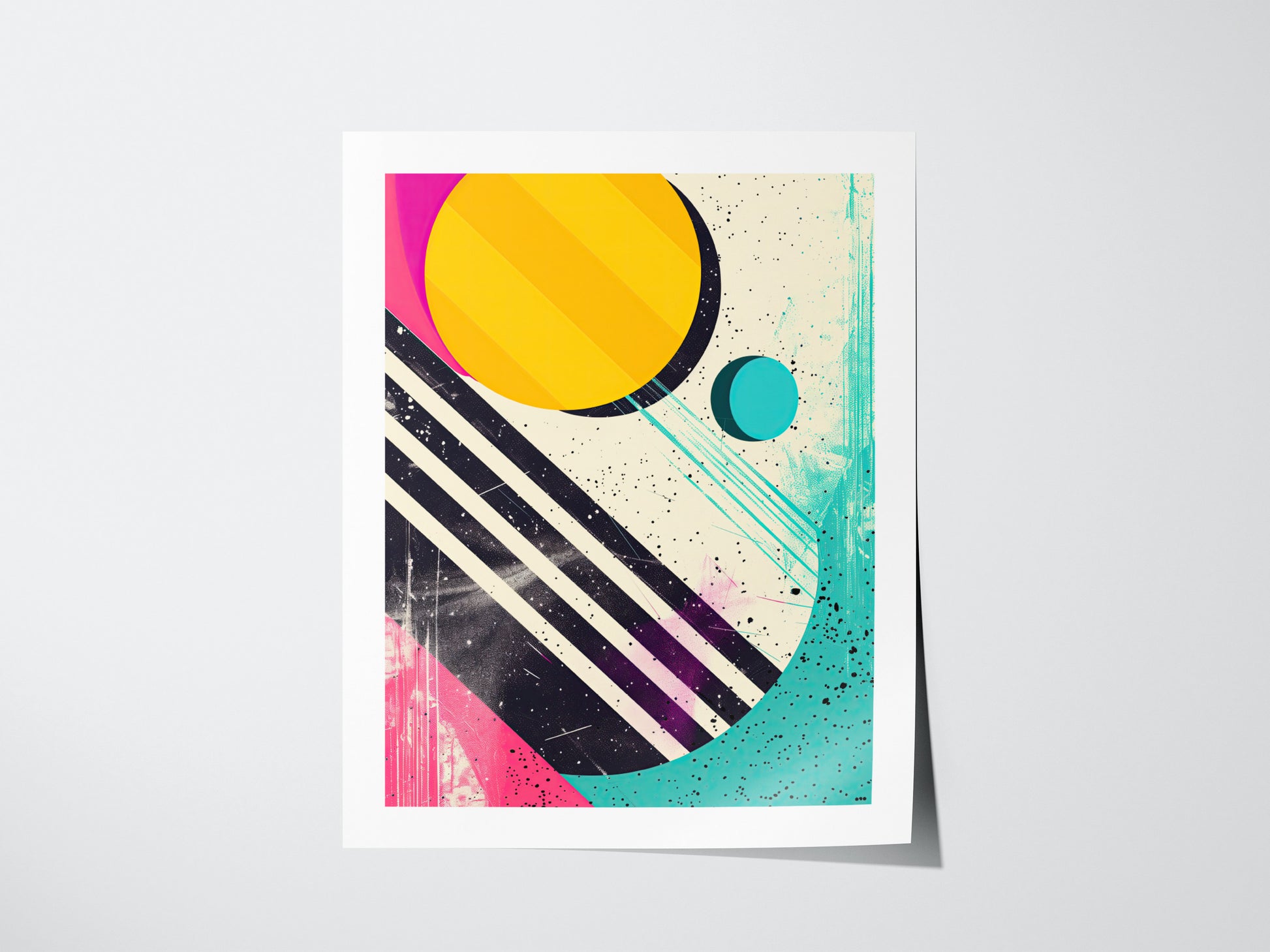 A vibrant 1980s-inspired poster featuring bold geometric shapes, including a large yellow circle, black diagonal stripes, and splashes of teal and pink on a speckled background.
