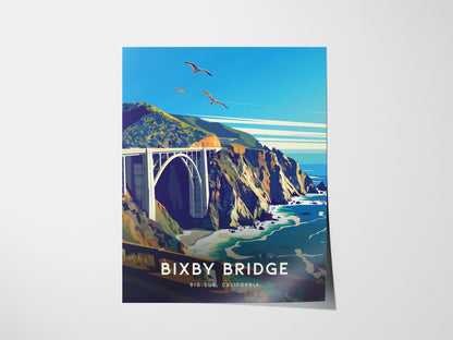 Illustrated poster of Bixby Bridge in Big Sur, California, showing the bridge spanning rugged cliffs with turquoise ocean waves below and three birds flying in a clear blue sky.