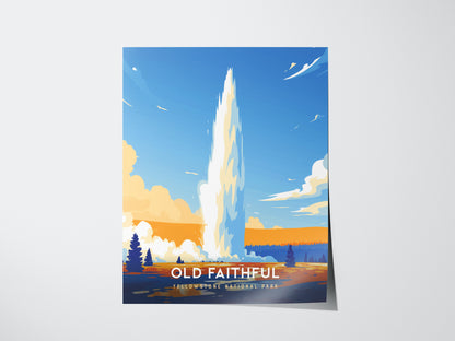 A colorful poster depicting the Old Faithful Geyser erupting against a vibrant blue sky with fluffy clouds at Yellowstone National Park. The text reads Old Faithful Yellowstone National Park.