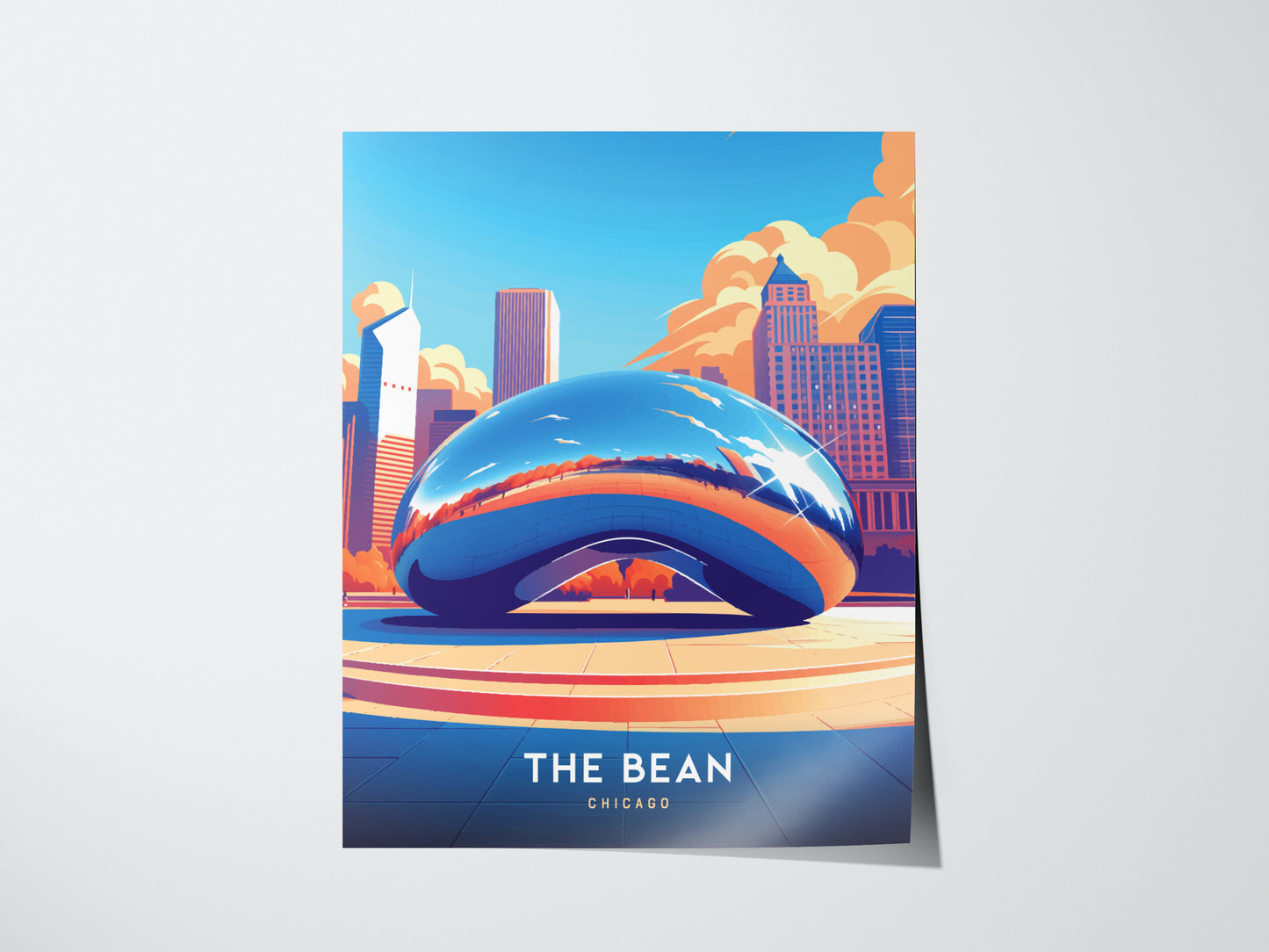 Illustrated poster of Cloud Gate, also known as The Bean, reflecting the Chicago skyline with vibrant colors. The text The Bean Chicago is visible at the bottom.