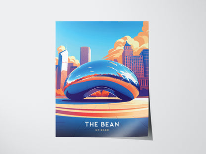 Illustrated poster of Cloud Gate, also known as The Bean, reflecting the Chicago skyline with vibrant colors. The text The Bean Chicago is visible at the bottom.