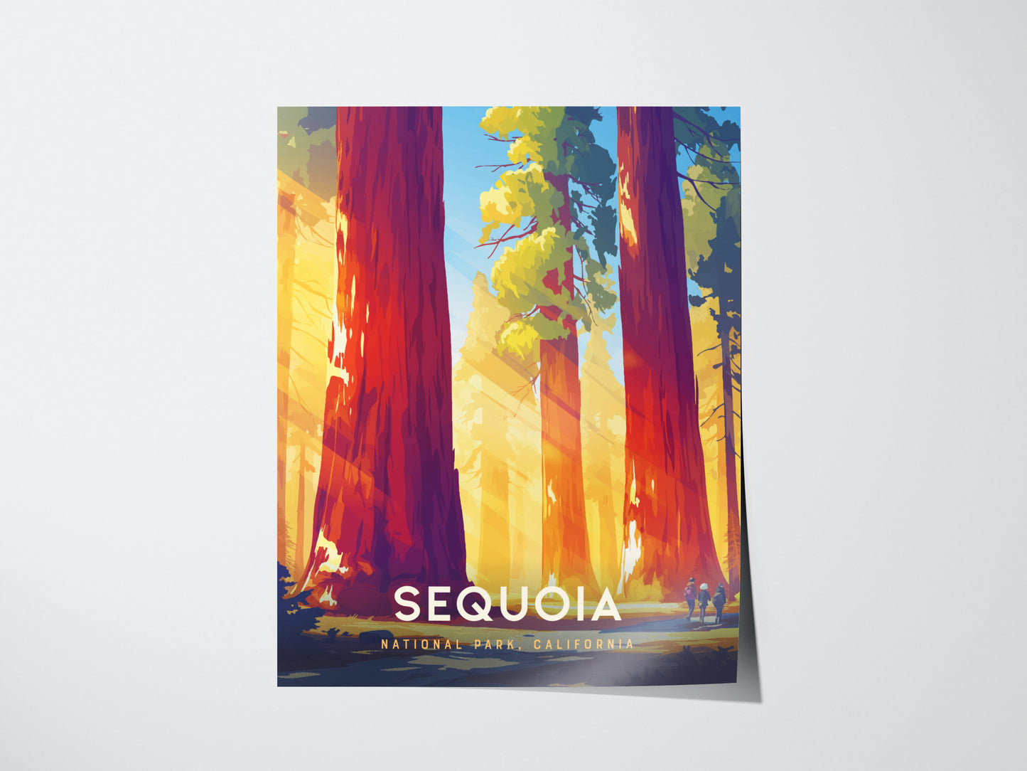 Illustrated poster of Sequoia National Park with towering red sequoia trees under a bright sky. Sunlight filters through the branches, casting vibrant yellow and orange hues on the forest floor.
