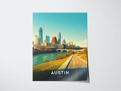 A vibrant illustration of the Austin, Texas skyline features modern skyscrapers and a river, with the word Austin prominently displayed at the bottom.