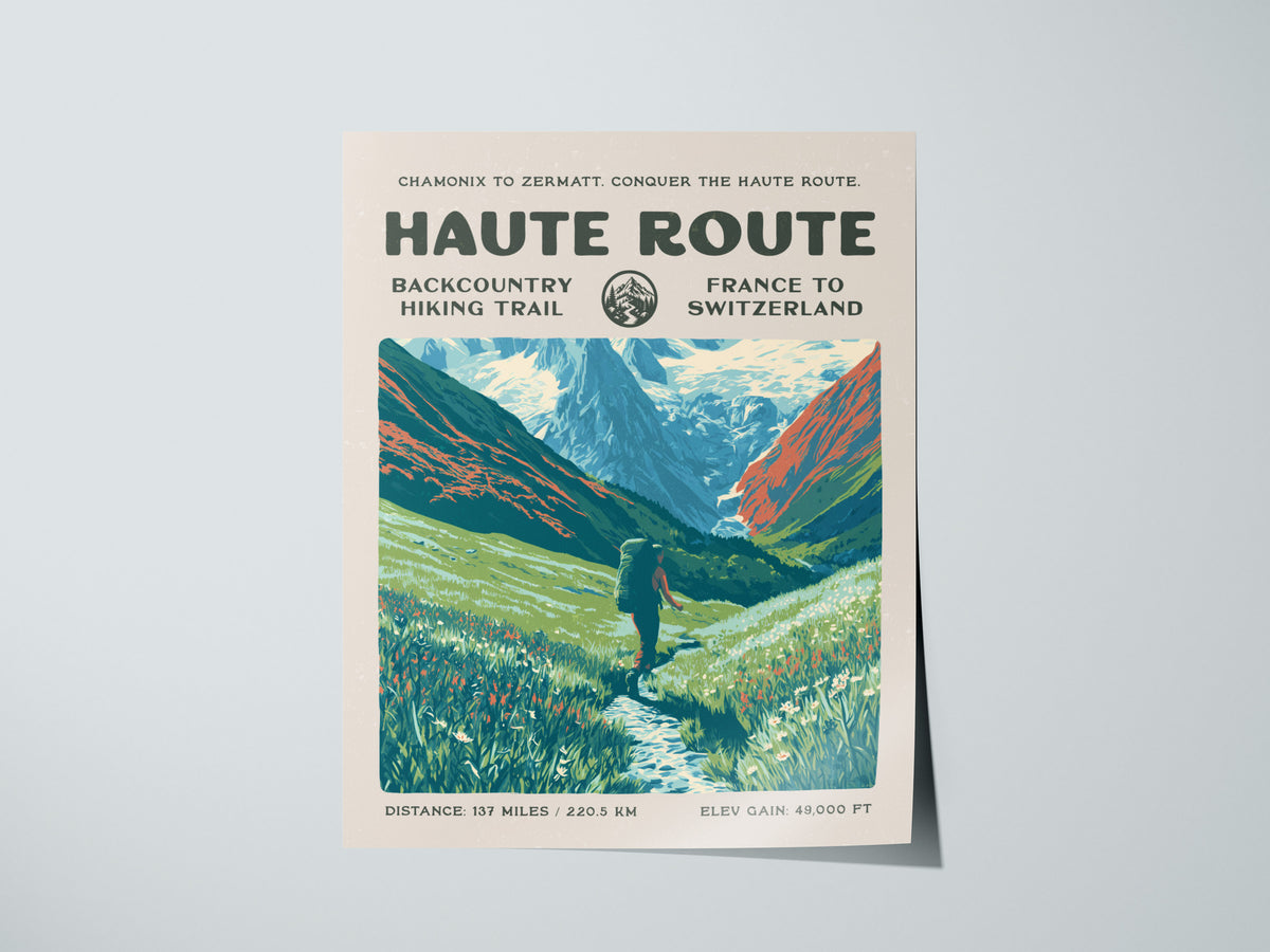 Haute Route, France to Switzerland Poster | Hiker Gift | Alpine Backcountry Trail Wall Art — giclée print detail on matte pap