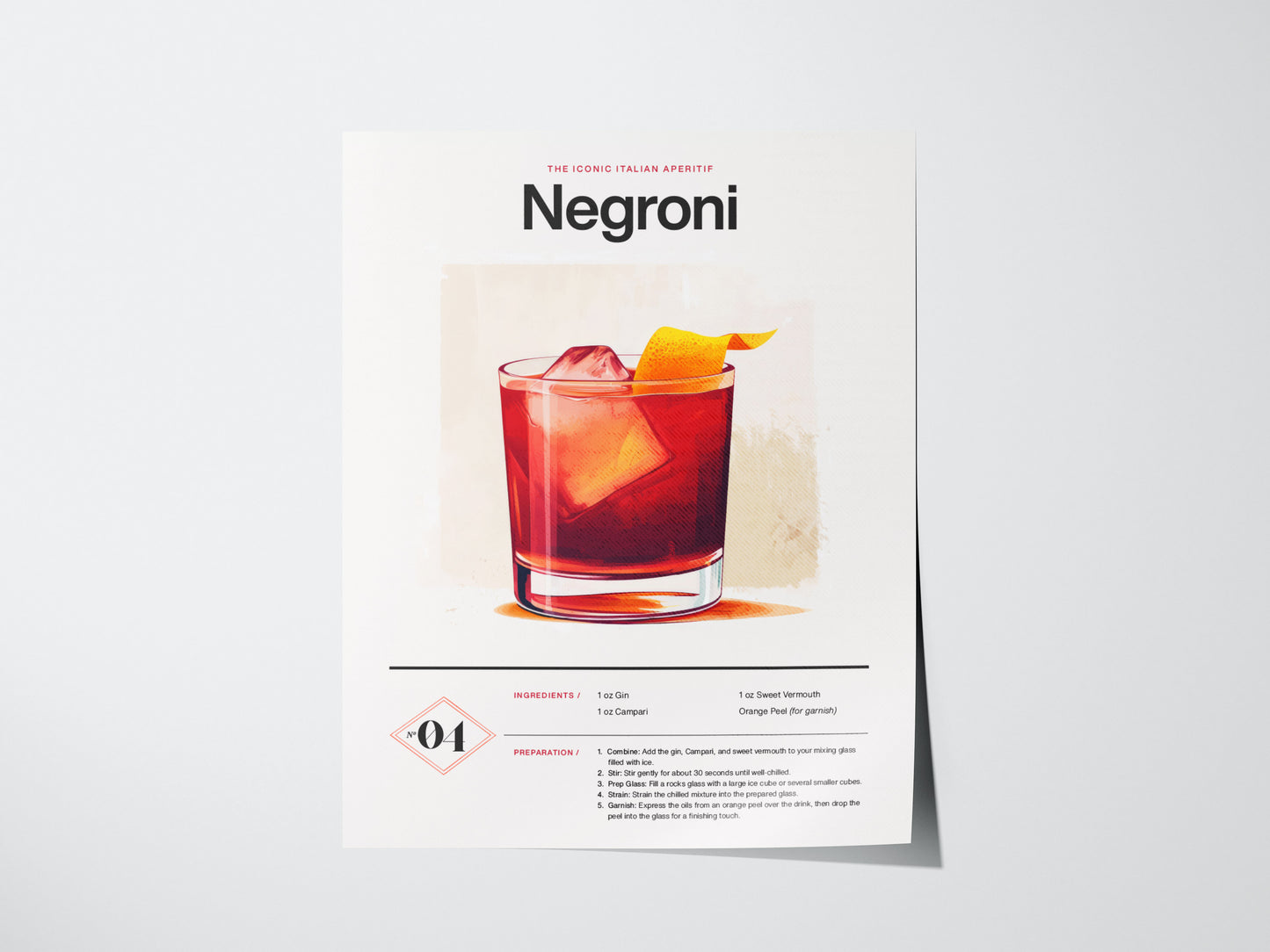 A Negroni cocktail poster featuring a vibrant red drink in a glass with an orange peel garnish. The poster includes the cocktails name, ingredients, and preparation instructions.