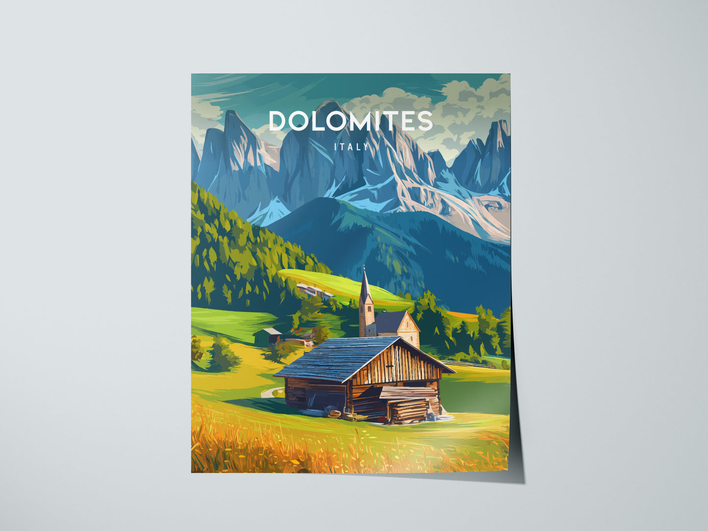 Dolomites, Italy Poster | Alpine Peaks & Meadow Travel Wall Art — giclée print detail on matte paper