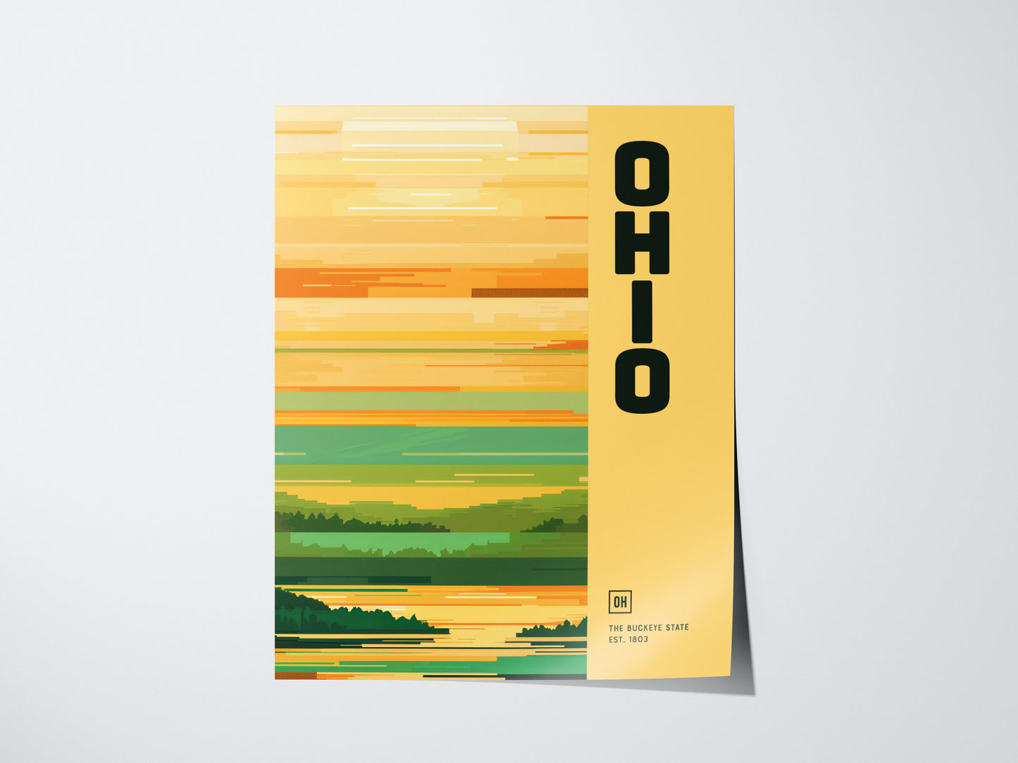A minimalist poster with the word OHIO in bold, vertical text on a yellow background, featuring abstract horizontal stripes in various shades of green, orange, and yellow.
