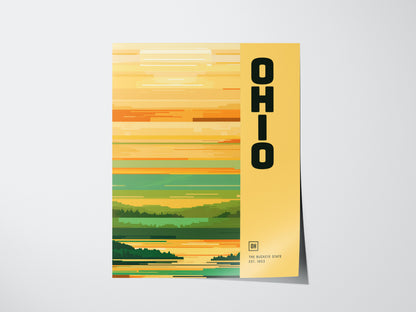 A minimalist poster with the word OHIO in bold, vertical text on a yellow background, featuring abstract horizontal stripes in various shades of green, orange, and yellow.
