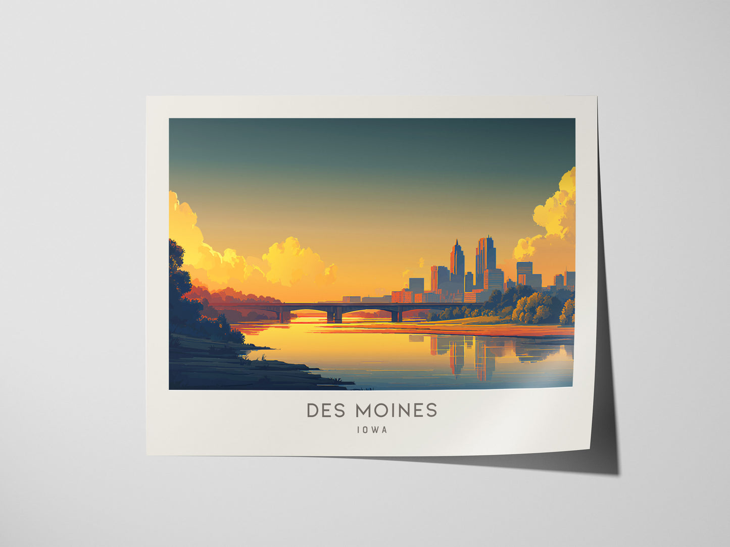 Des Moines Landscape Matte Border Poster | Iowa Travel Wall Art — giclée print detail on matte paper