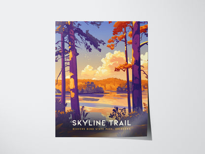 Colorful illustration of Beavers Bend State Parks Skyline Trail, featuring tall trees and a serene lake under a vibrant sunset sky. The poster highlights natural beauty in warm tones.