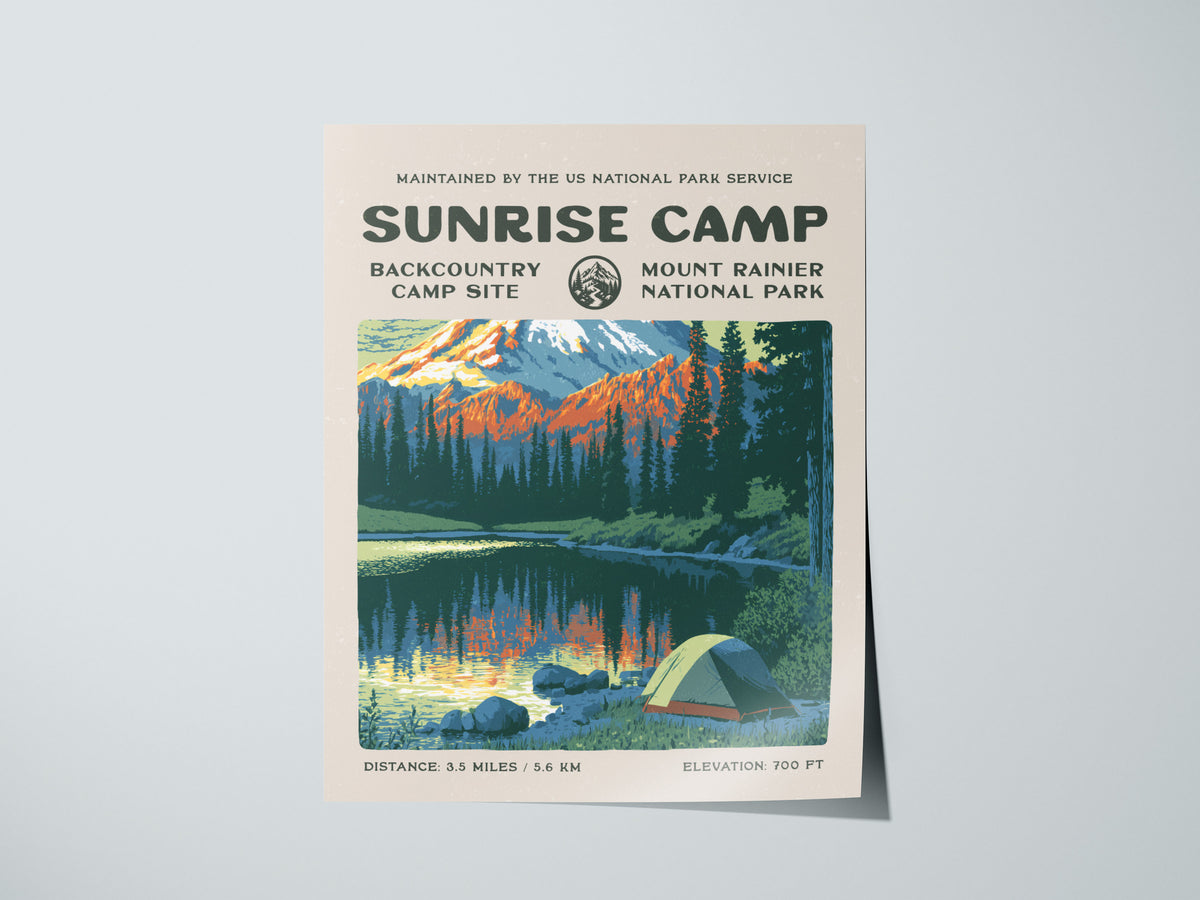 Sunrise Camp, Mount Rainier National Park Poster | Hiker Gift | Backcountry Trail Wall Art — giclée print detail on matte pap