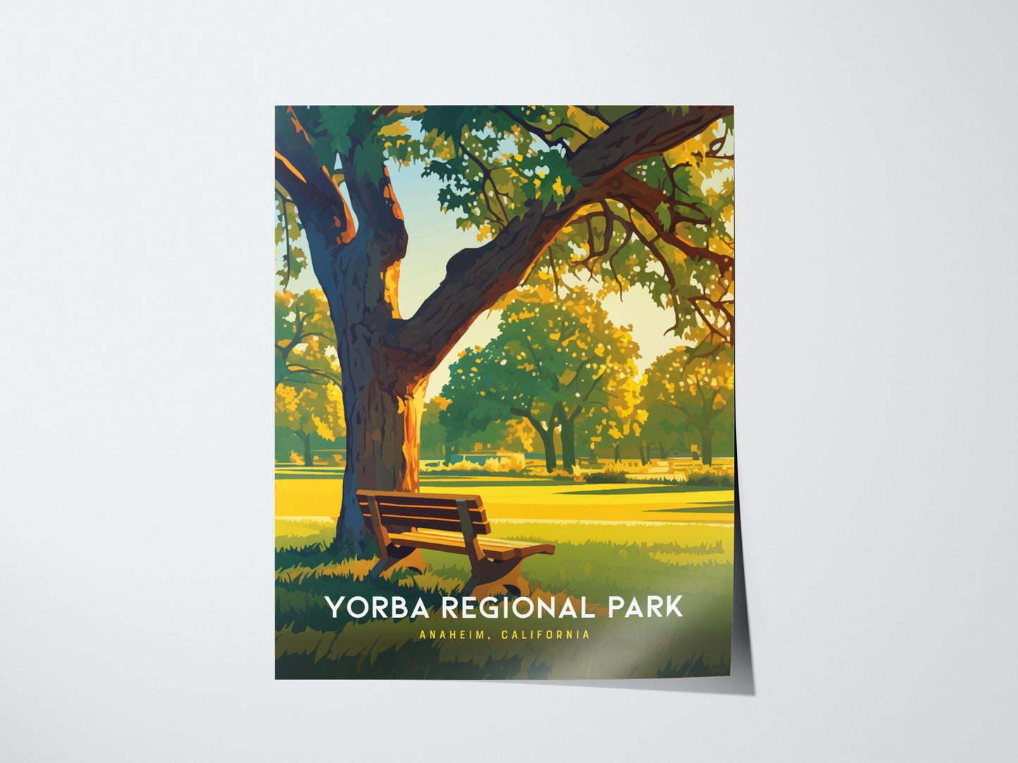 A serene park scene featuring a wooden bench under a large tree, with sunlit grass and trees in the background. The text reads Yorba Regional Park, Anaheim, California.