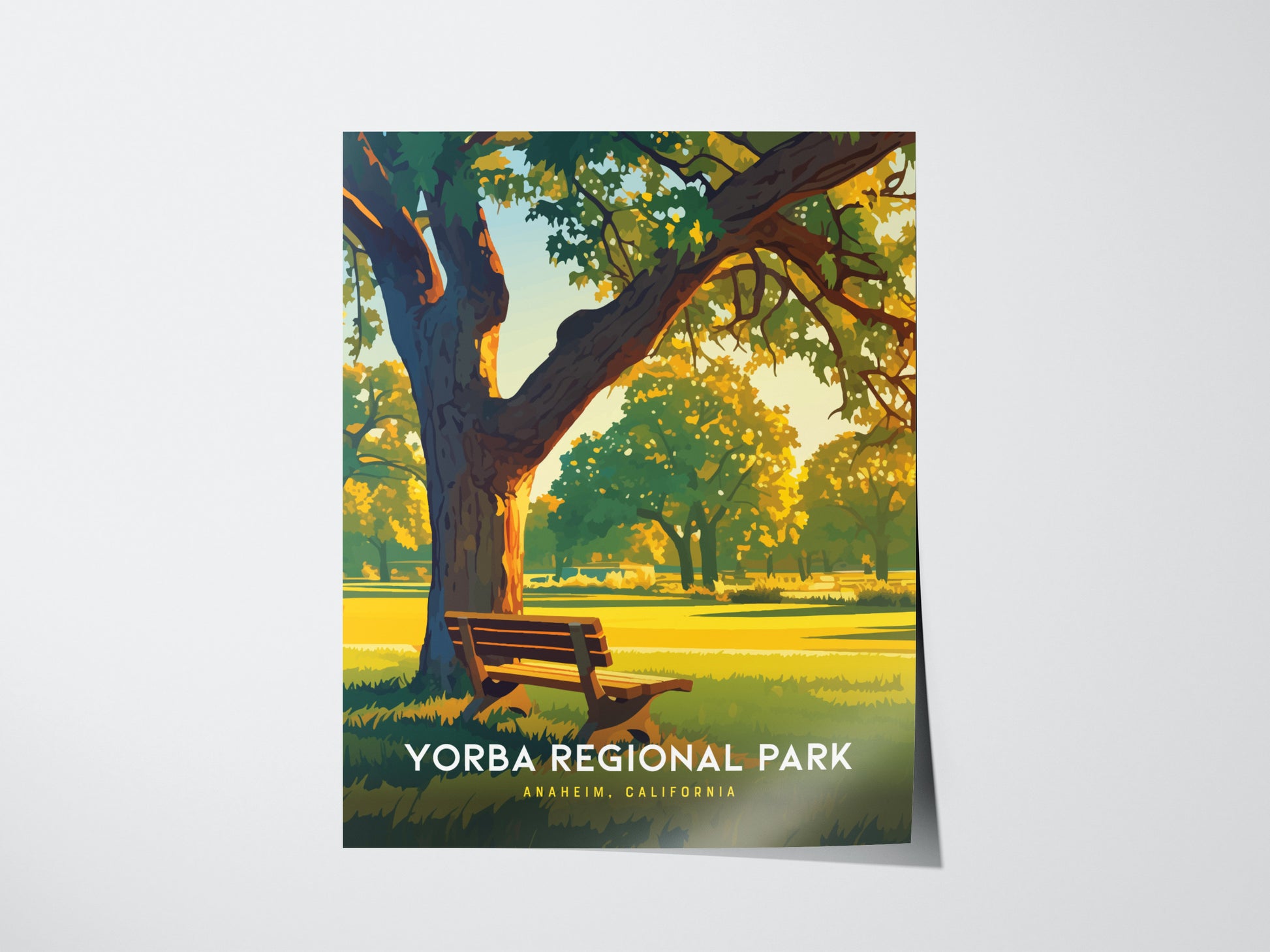 A serene park scene featuring a wooden bench under a large tree, with sunlit grass and trees in the background. The text reads Yorba Regional Park, Anaheim, California.