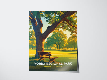 A serene park scene featuring a wooden bench under a large tree, with sunlit grass and trees in the background. The text reads Yorba Regional Park, Anaheim, California.